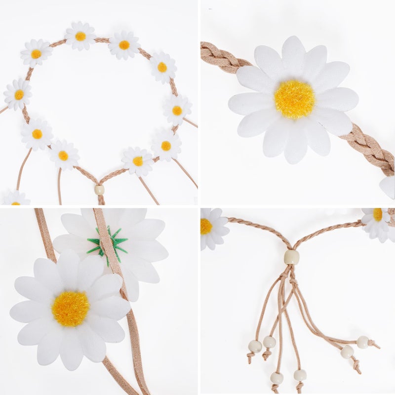 Sucrain 1pcs Flower Hippie Headband Floral Crown Summer Sunflower Hair Accessories for 70 s Bohemian Costumes Style (White) - Image 4