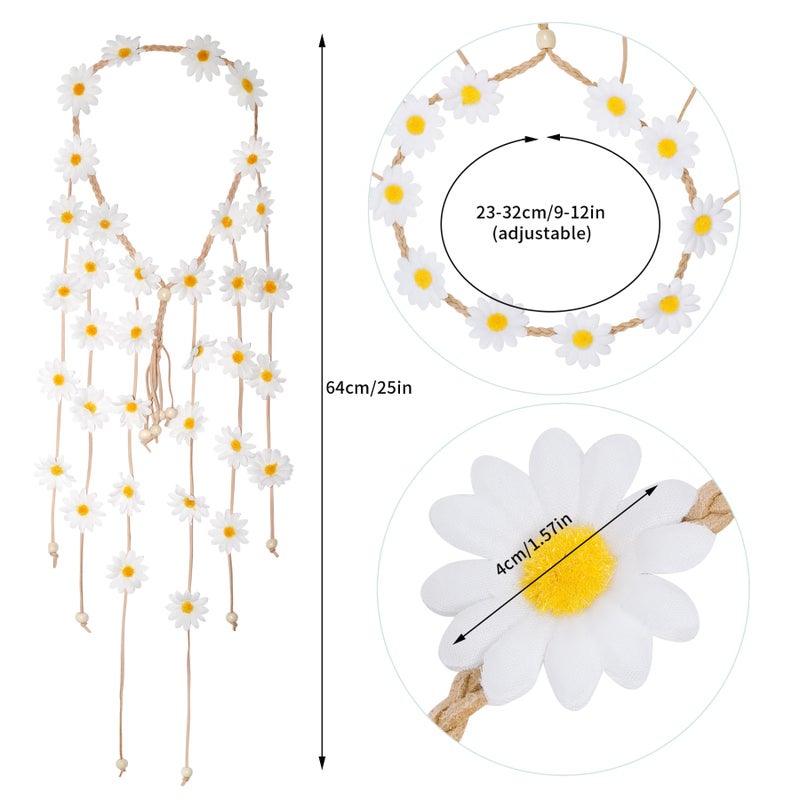 Sucrain 1pcs Flower Hippie Headband Floral Crown Summer Sunflower Hair Accessories for 70 s Bohemian Costumes Style (White) - Image 3