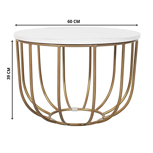 Priti --Round Coffee and Side Accent End Table for Living Room with Metal & Engineered Wood Tabletop and Metal Frame Gold Powder Coated-White-Gold - Image 4