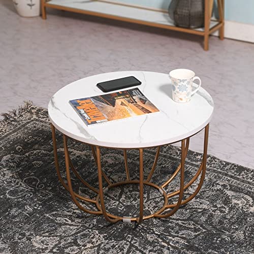 Priti --Round Coffee and Side Accent End Table for Living Room with Metal & Engineered Wood Tabletop and Metal Frame Gold Powder Coated-White-Gold - Image 2