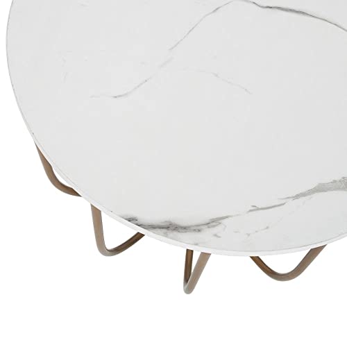 Priti --Round Coffee and Side Accent End Table for Living Room with Metal & Engineered Wood Tabletop and Metal Frame Gold Powder Coated-White-Gold - Image 5