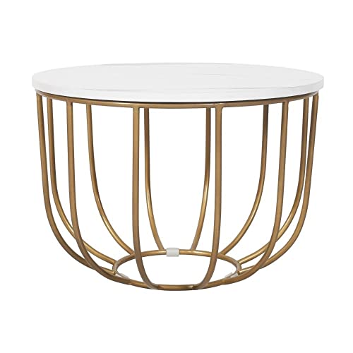 Priti --Round Coffee and Side Accent End Table for Living Room with Metal & Engineered Wood Tabletop and Metal Frame Gold Powder Coated-White-Gold - Image 3