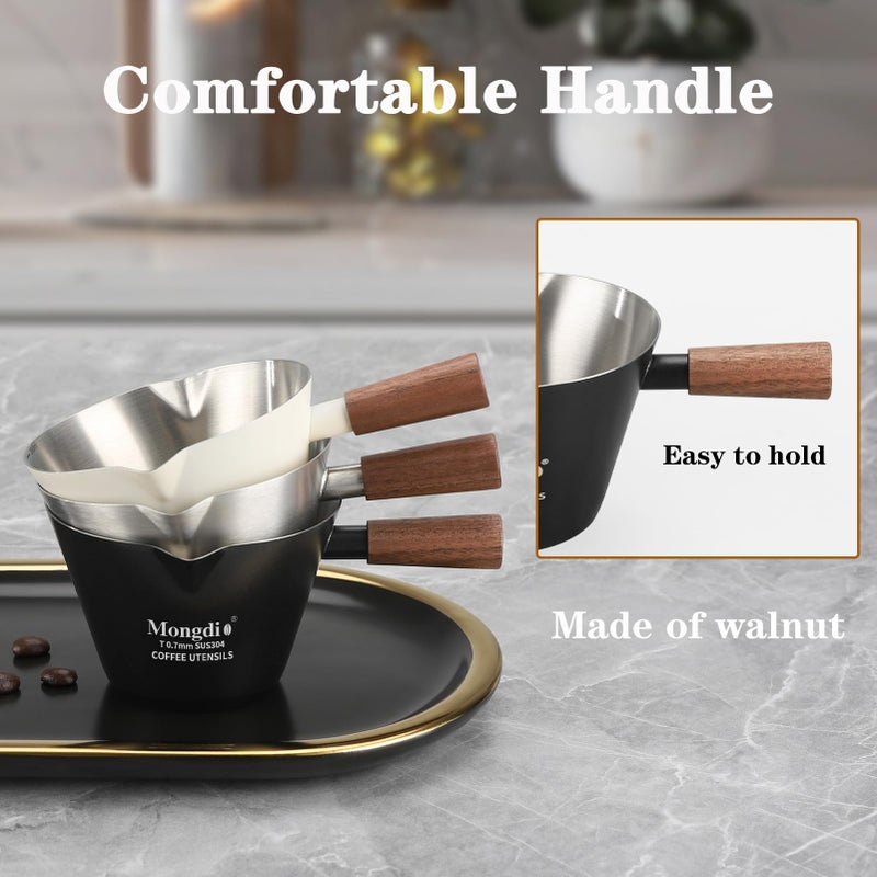 Mongdio 2 Pcs Espresso Measuring Cup, Stainless Steel Espresso Shot Cups with Wooden Handle and Double Spouts, 6.8OZ/200ML, Black - Image 4