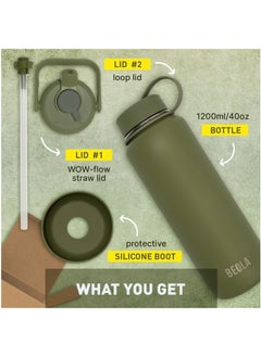 BEOLA 1200ml Vacuum Insulated Water Bottle, Double Wall Stainless Steel Thermos Bottle with wide mouth, 2 lids included, Hot Cold Water Flask, Large Sports Bottle with straw lid, 40oz (Forest Green)  - Image 2