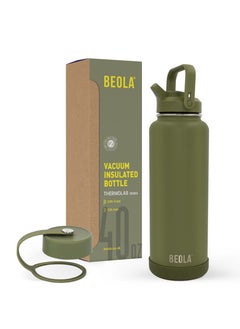 BEOLA 1200ml Vacuum Insulated Water Bottle, Double Wall Stainless Steel Thermos Bottle with wide mouth, 2 lids included, Hot Cold Water Flask, Large Sports Bottle with straw lid, 40oz (Forest Green)  - Image 1