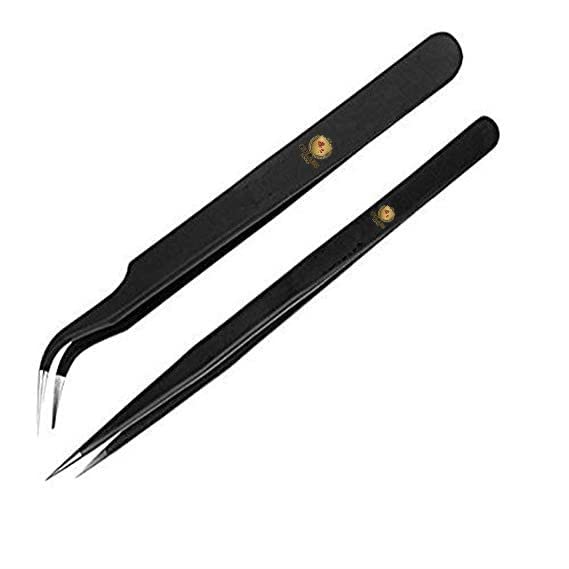Stainless Steel Straight and Curved Tips Professional Tweezers for Mobile Gadget Laptop and Jewelry Repair Black Set of 2 Pieces BY Gulabs Tools  - Image 1