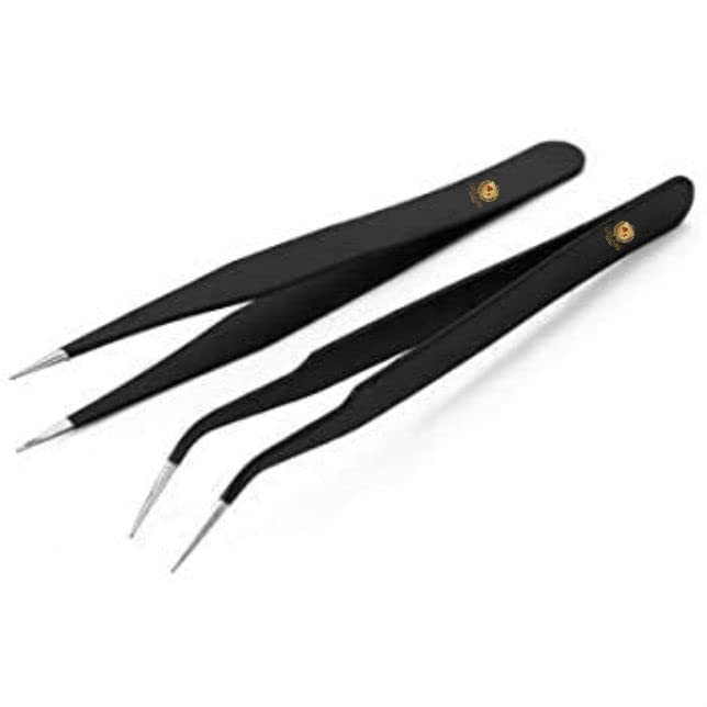 Stainless Steel Straight and Curved Tips Professional Tweezers for Mobile Gadget Laptop and Jewelry Repair Black Set of 2 Pieces BY Gulabs Tools  - Image 2
