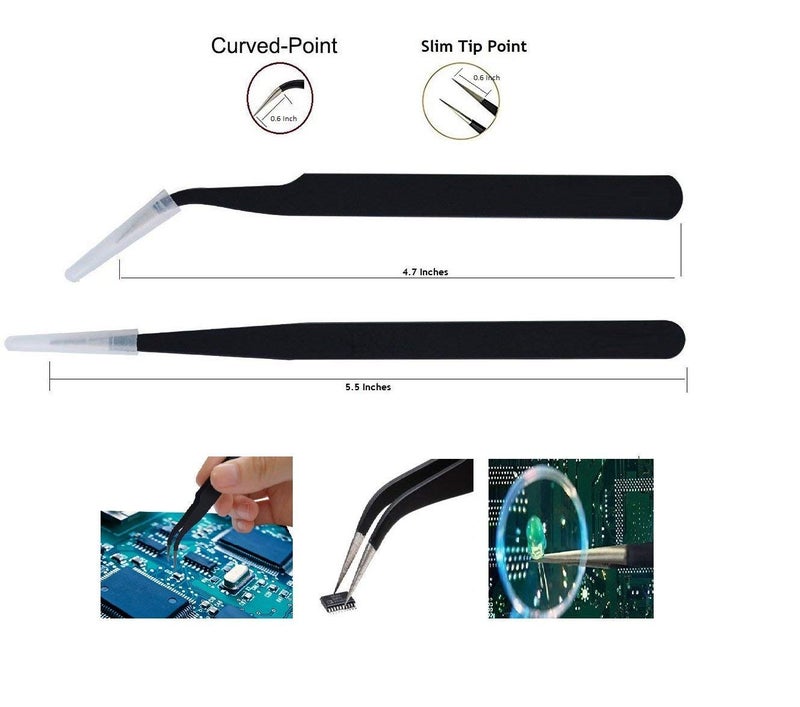 Stainless Steel Straight and Curved Tips Professional Tweezers for Mobile Gadget Laptop and Jewelry Repair Black Set of 2 Pieces BY Gulabs Tools  - Image 3