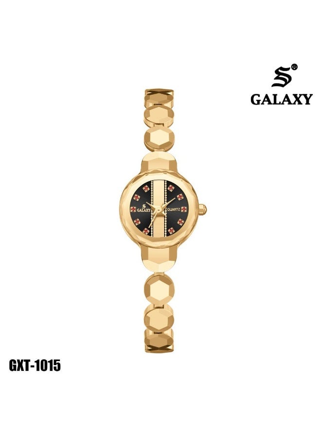 جالاكسي ساعة يد نسائية من GALAXY كوارتز أنالوج – موديل GXT-1015 – تصميم ذهبي فاخر بسوار معدني – قرص أسود