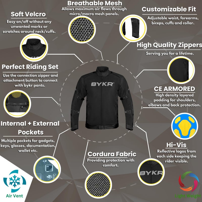 BYKR Mesh Motorcycle Jacket For Men Dual Sports Adventure Breathable Air Racing Bikers Riding Powersports Protective Motorbike Jackets Enduro CE Armored Black Large - Image 4