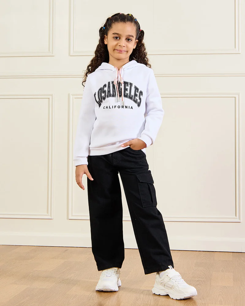 REDTAG Girls White Printed Hooded Sweatshirt