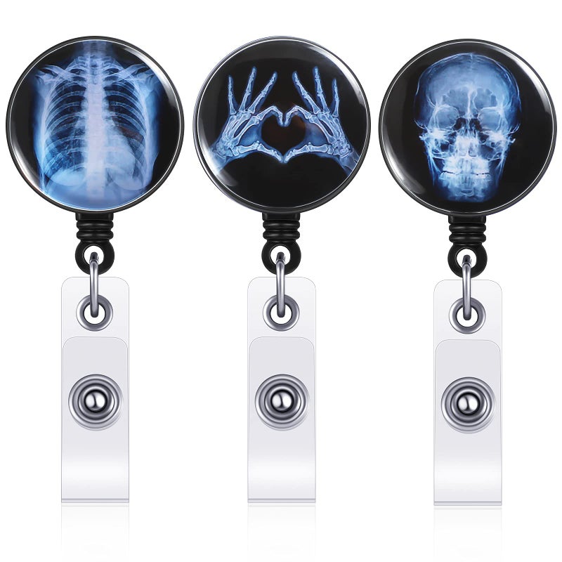 Tenare 3 Pieces Xray Badge Reel Retractable Radiology Tech Gifts Day of The Dead Badge Reel Holder Bones Skeleton Skull Chest Patterns for Nurse Doctor ID Cards(Xray Pattern) - Image 1