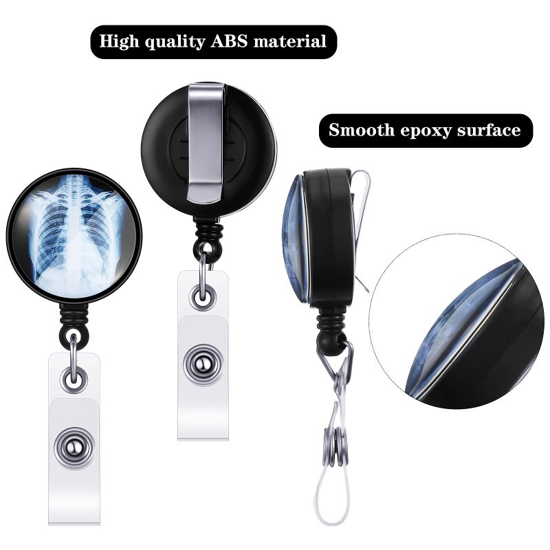 Tenare 3 Pieces Xray Badge Reel Retractable Radiology Tech Gifts Day of The Dead Badge Reel Holder Bones Skeleton Skull Chest Patterns for Nurse Doctor ID Cards(Xray Pattern) - Image 3