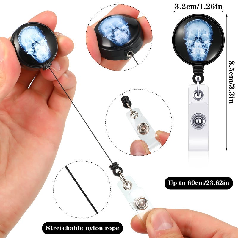 Tenare 3 Pieces Xray Badge Reel Retractable Radiology Tech Gifts Day of The Dead Badge Reel Holder Bones Skeleton Skull Chest Patterns for Nurse Doctor ID Cards(Xray Pattern) - Image 2