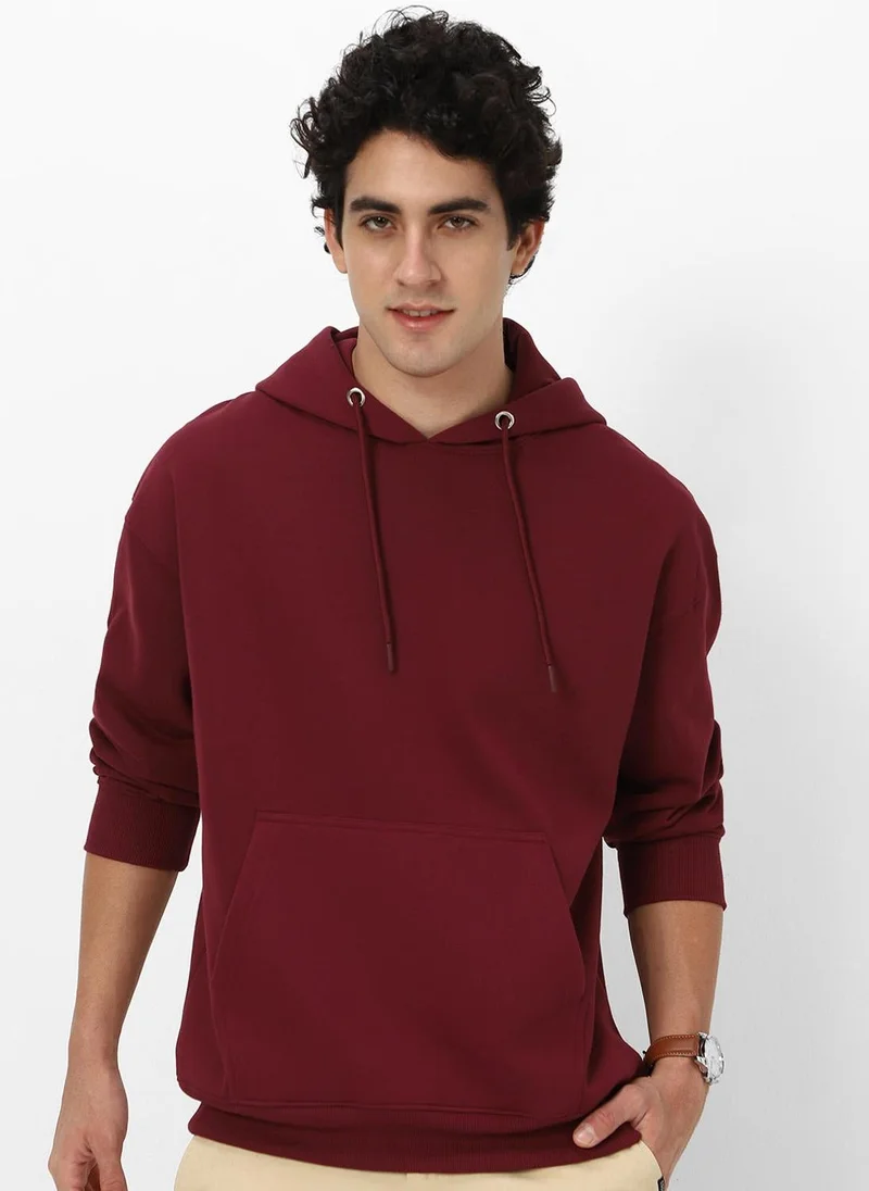 Urbano Fashion Men's Maroon Cotton Solid Oversized Hooded Neck Sweatshirt