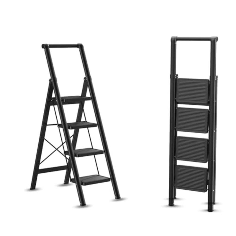 4-Step Folding Ladder with Handrail, Prime Quality Carbon Steel Multi-Use Foldable 4-Step Ladder for Home, Maximum Load 150KG, with Anti-Slip Wide Pedals, Home/Kitchen/Workshop/Garden Essential - Image 1