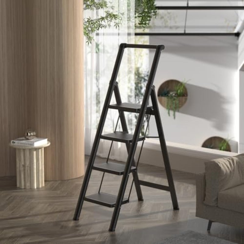 4-Step Folding Ladder with Handrail, Prime Quality Carbon Steel Multi-Use Foldable 4-Step Ladder for Home, Maximum Load 150KG, with Anti-Slip Wide Pedals, Home/Kitchen/Workshop/Garden Essential - Image 2