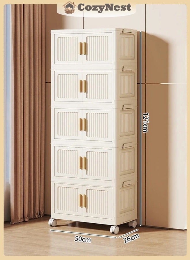 CozyNest 5-Tier Foldable Plastic Storage Cabinet with Flip Doors and Wheels, 50cm Wide Stackable Collapsible Organizer Bins for Clothes, Toys & Office Supplies - Image 1