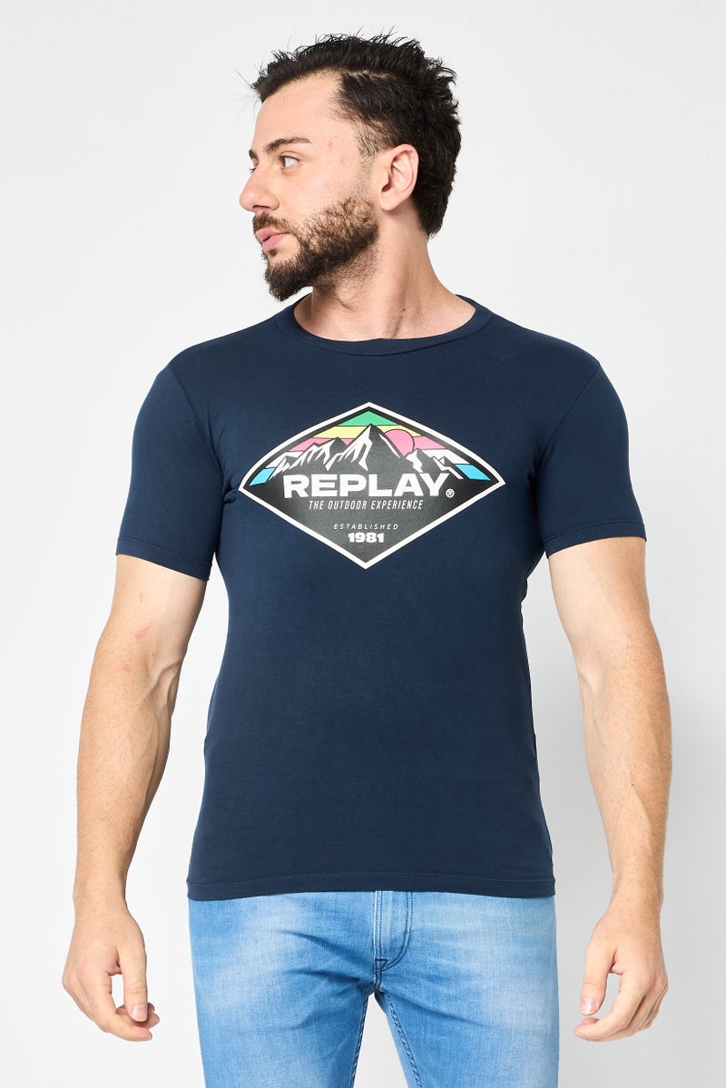 Replay Men Crew Neck Short Sleeve Graphic Print T-Shirt, Navy - Image 1