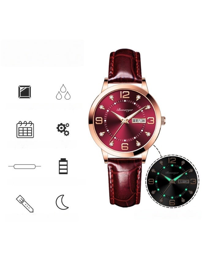BONARGER Women's Premium Leather Waterproof Luminous Quartz Watch With A Luxurious Feel. - Image 2