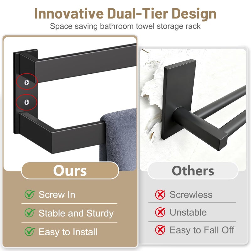 TNOMS Double Towel Bar,Towel Holder for Bathroom Stainless Steel Towel Rack Wall-Mounted Bathroom Towel Bar 24-Inch Bathroom Hardware Accessories,Matte Black - Image 5