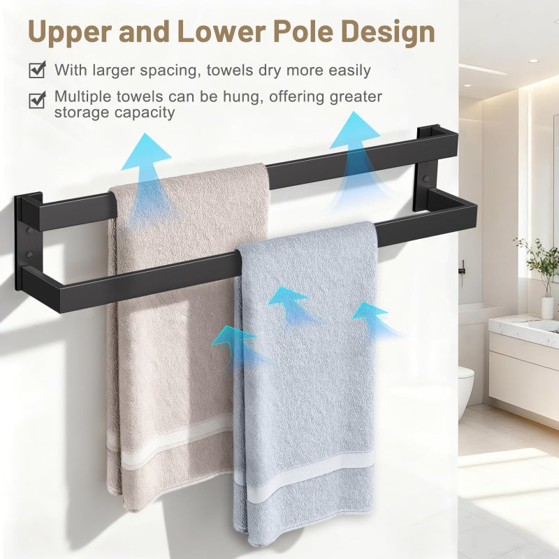 TNOMS Double Towel Bar,Towel Holder for Bathroom Stainless Steel Towel Rack Wall-Mounted Bathroom Towel Bar 24-Inch Bathroom Hardware Accessories,Matte Black - Image 2