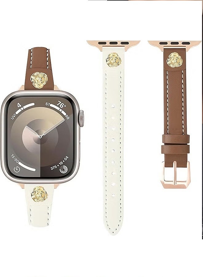 Leather Band With Rose Charm Compatible with Apple Watch Bands for Women 38/40/41/42mm, New Fashion Top Genuine Leather Thin Slim Leather Strap for iWatch Series 10/9/8/7/6/5/4/3/2/1/SE/Ultra, Brown and White
