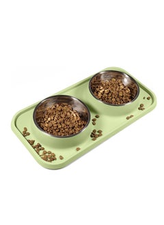 MahMir Cat Food Bowls, Bowls Non-Skid and Non-Spill Silicone Mats with Stand, Removable Stainless Steel Water Dishes for Cats, Small Size Dogs (Green)  - Image 1