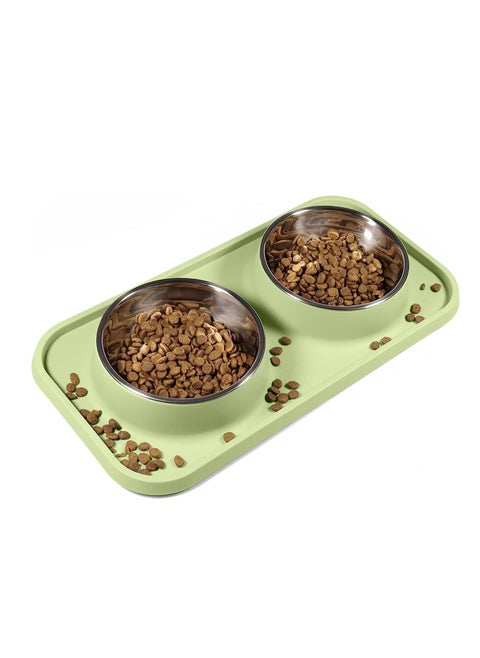 Cat Food Bowls, Bowls Non-Skid and Non-Spill Silicone Mats with Stand, Removable Stainless Steel Water Dishes for Cats, Small Size Dogs (Green)