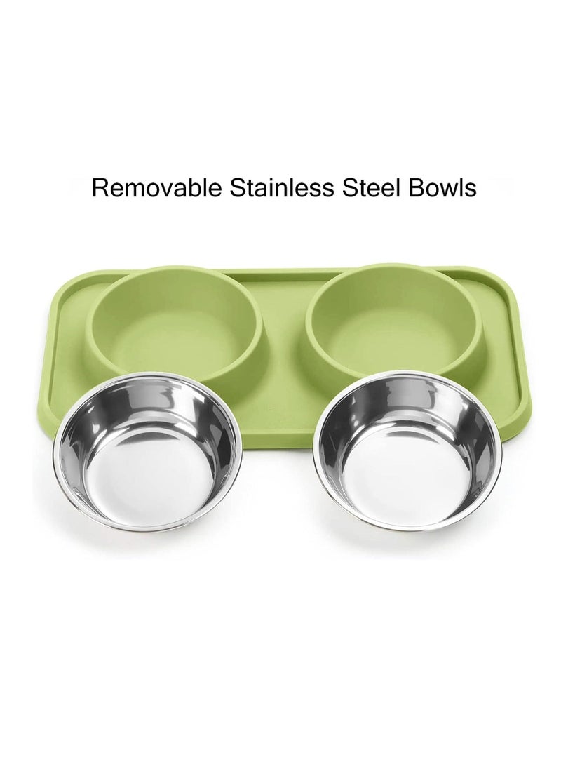 Cat Food Bowls, Bowls Non-Skid and Non-Spill Silicone Mats with Stand, Removable Stainless Steel Water Dishes for Cats, Small Size Dogs (Green)