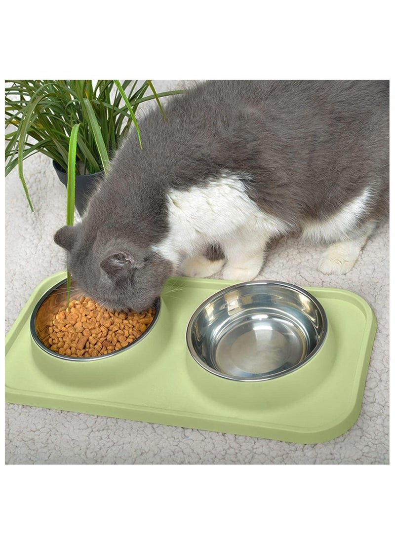 Cat Food Bowls, Bowls Non-Skid and Non-Spill Silicone Mats with Stand, Removable Stainless Steel Water Dishes for Cats, Small Size Dogs (Green)