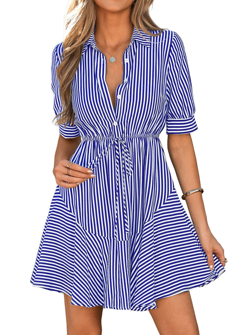 MASCOMODA Womens Puff Short Sleeve Striped Mini Summer Dress Spring Casual V Neck Button Down A Line Short Work Shirt Dresses(Striped Blue,Medium) - Image 1