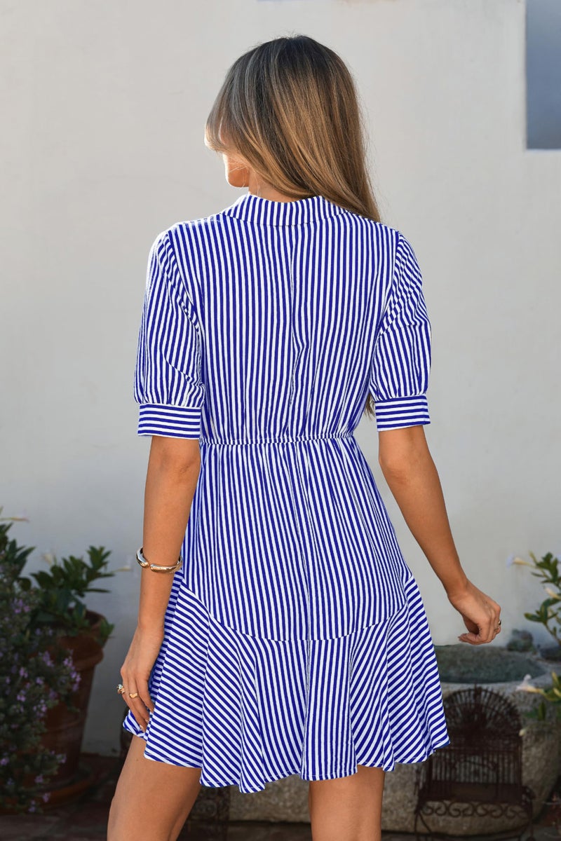 MASCOMODA Womens Puff Short Sleeve Striped Mini Summer Dress Spring Casual V Neck Button Down A Line Short Work Shirt Dresses(Striped Blue,Medium) - Image 5