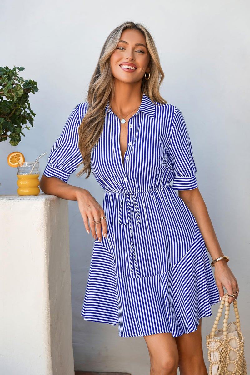 MASCOMODA Womens Puff Short Sleeve Striped Mini Summer Dress Spring Casual V Neck Button Down A Line Short Work Shirt Dresses(Striped Blue,Medium) - Image 4