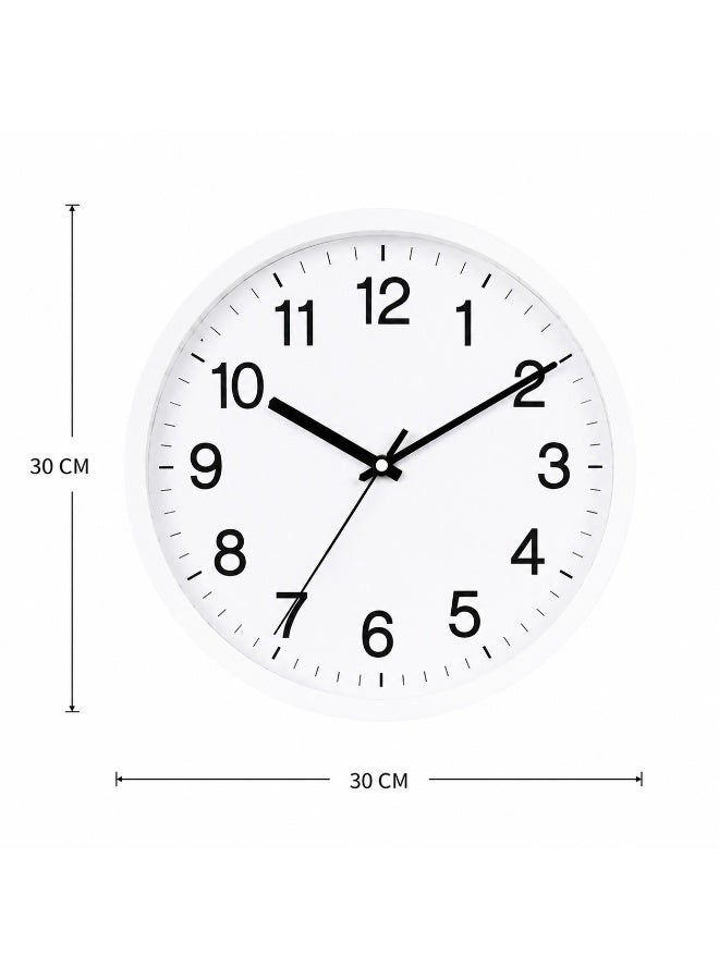 ساعة حائط دائرية، لون أبيض، 30 × 30 سم، خامة بلاستيك - Image 1