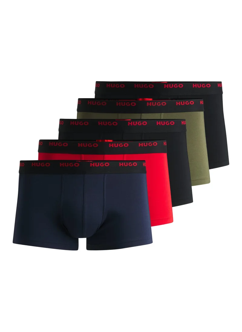 HUGO Five-pack of stretch-cotton trunks with logo waistbands