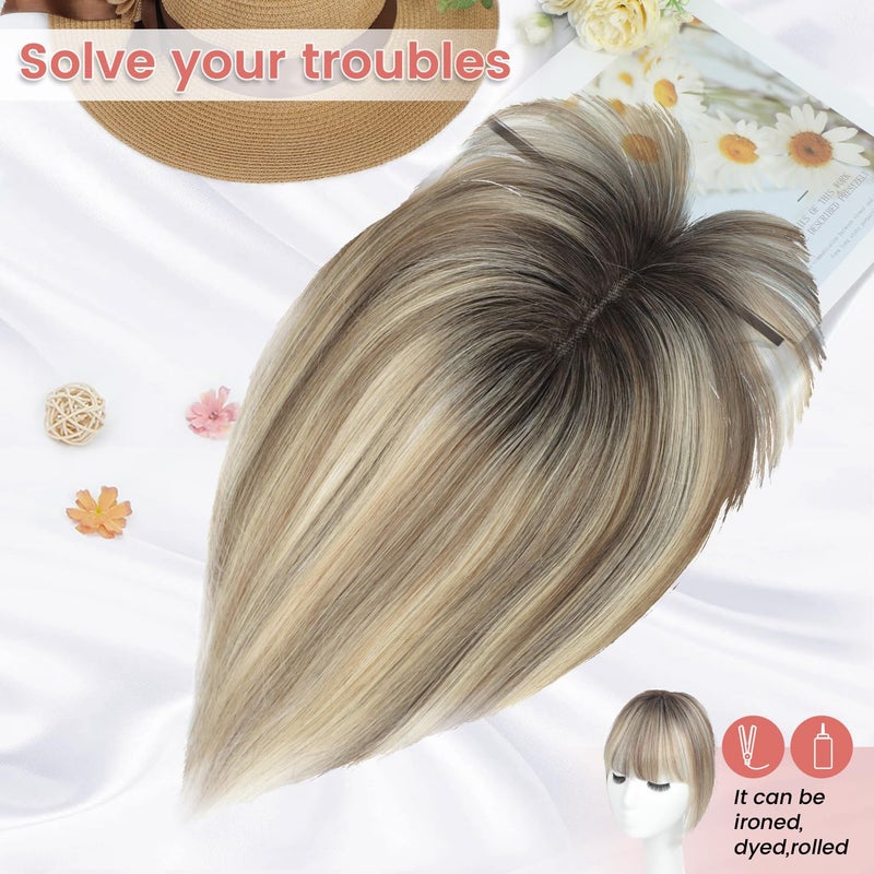 YAMI Human Hair Toppers for Women with Thinning Hair Topper with Bangs Upgrade Swiss Base 10inch Hairpiecees for Women with Hairloss (Ombre Light Brown with Blond Highlight) - Image 3
