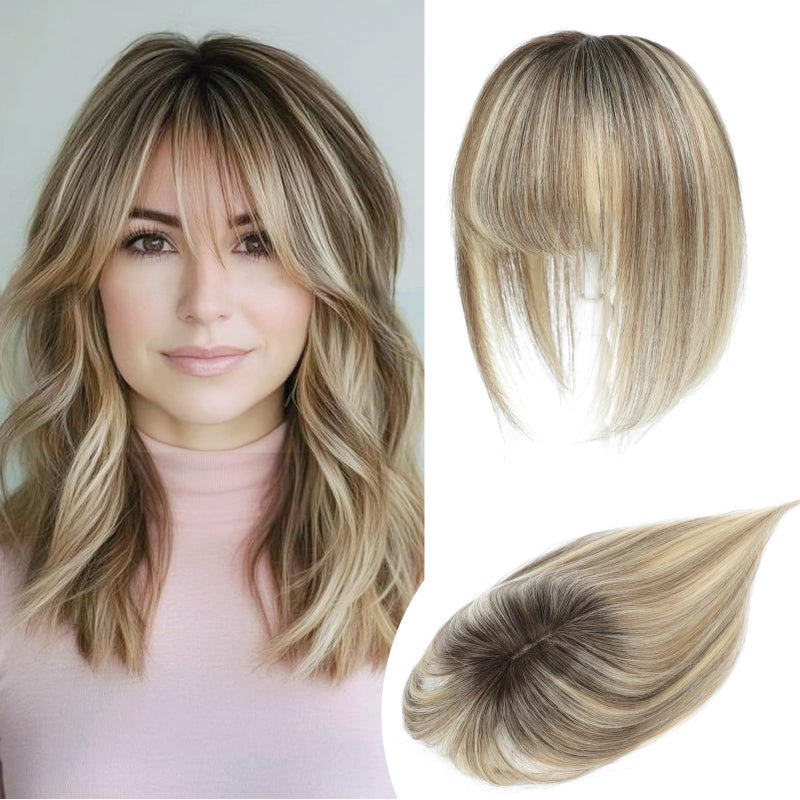 YAMI Human Hair Toppers for Women with Thinning Hair Topper with Bangs Upgrade Swiss Base 10inch Hairpiecees for Women with Hairloss (Ombre Light Brown with Blond Highlight) - Image 1
