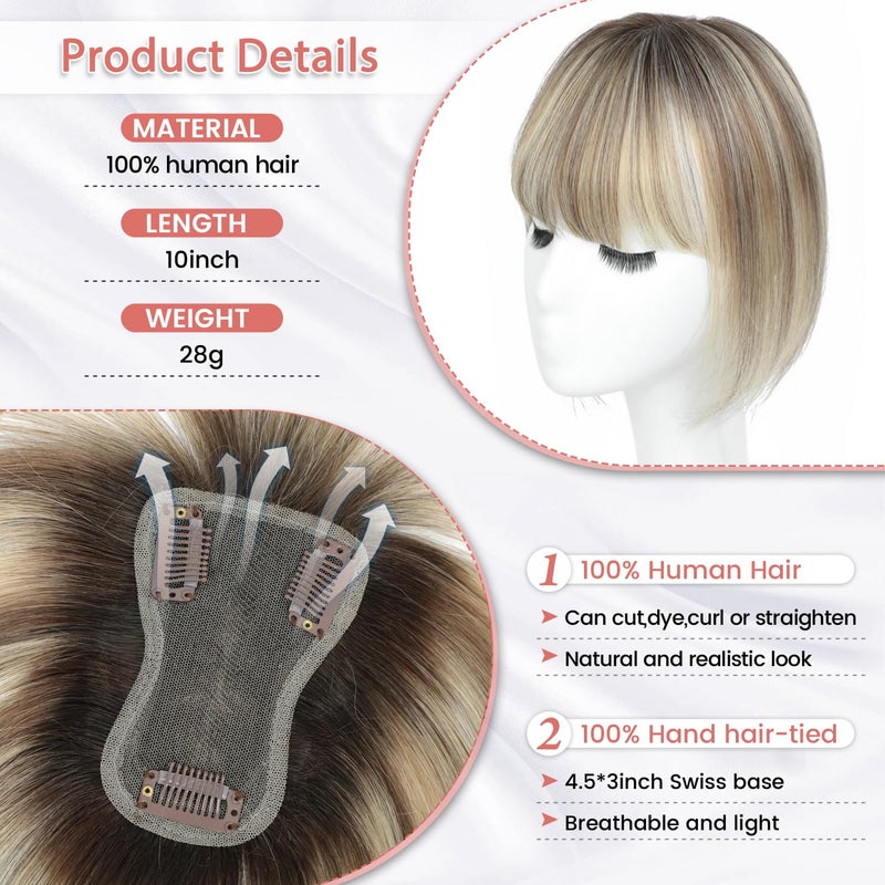 YAMI Human Hair Toppers for Women with Thinning Hair Topper with Bangs Upgrade Swiss Base 10inch Hairpiecees for Women with Hairloss (Ombre Light Brown with Blond Highlight) - Image 2