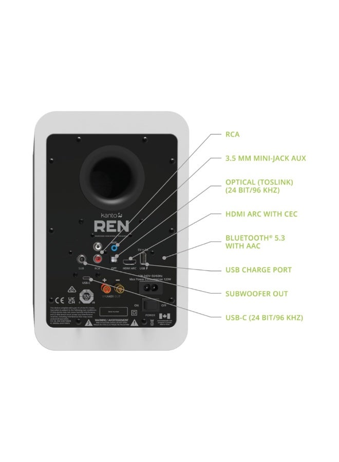 Kanto Audio REN 200W Powered Bookshelf Speakers with HDMI ARC, USB-C, and Bluetooth 5.3-Matte White, Pair - Image 4