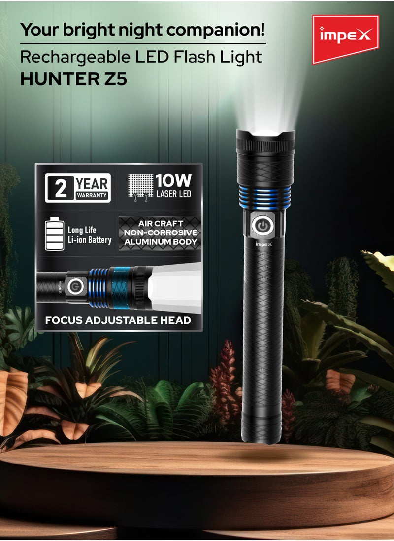 Impex Rechargeable LED Flashlight, 10W Laser LED Torch, 500 Lumens Brightness, 3600mAh Li-ion Battery, Type-C Charging, Focus Adjustable Head, Aircraft-Grade Aluminum Body, 2-3 Hours Runtime - Hunter Z5  - Image 2