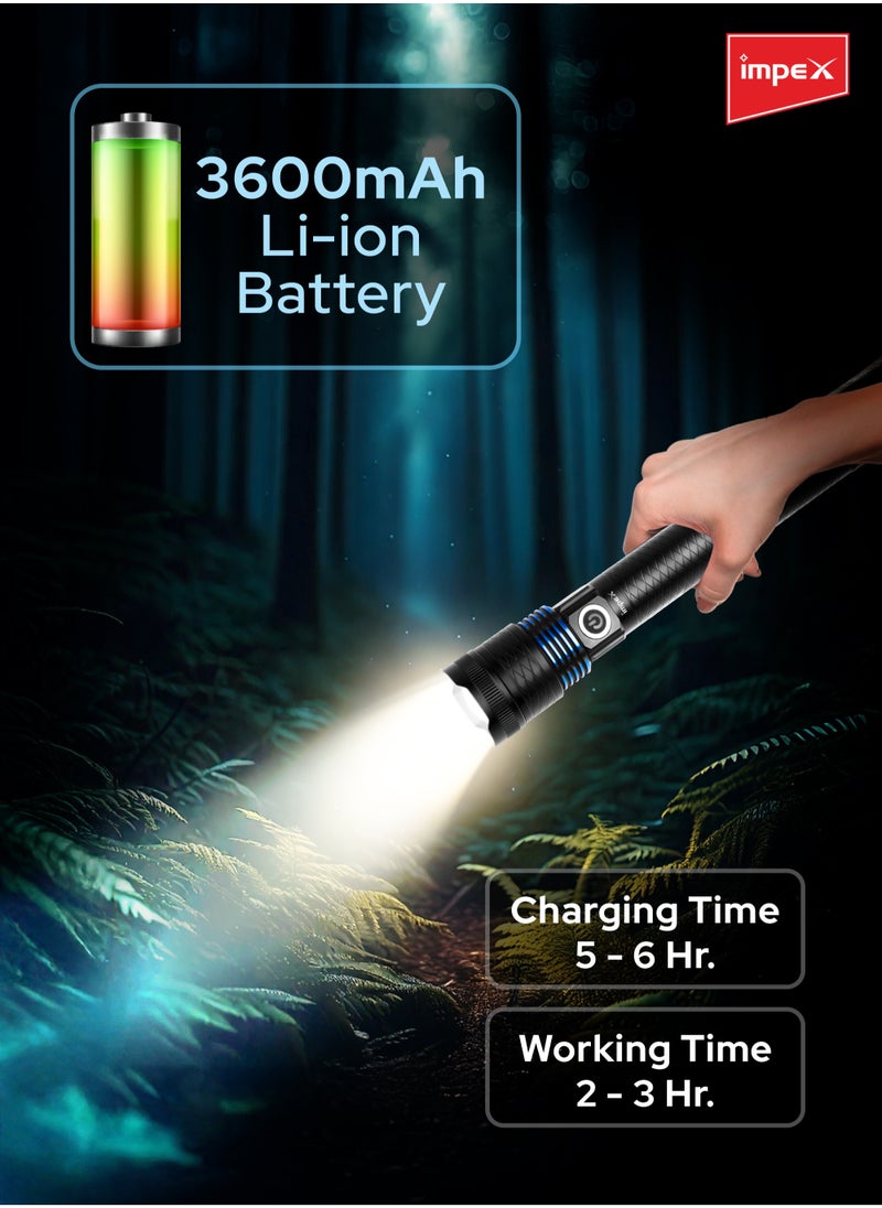 Impex Rechargeable LED Flashlight, 10W Laser LED Torch, 500 Lumens Brightness, 3600mAh Li-ion Battery, Type-C Charging, Focus Adjustable Head, Aircraft-Grade Aluminum Body, 2-3 Hours Runtime - Hunter Z5  - Image 3