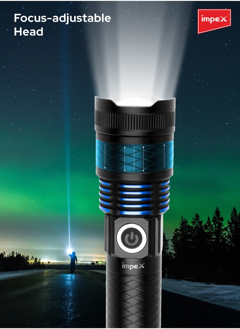Impex Rechargeable LED Flashlight, 10W Laser LED Torch, 500 Lumens Brightness, 3600mAh Li-ion Battery, Type-C Charging, Focus Adjustable Head, Aircraft-Grade Aluminum Body, 2-3 Hours Runtime - Hunter Z5  - Image 4