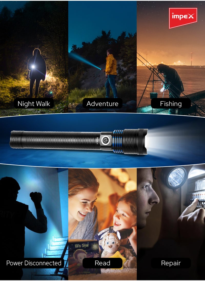 Impex Rechargeable LED Flashlight, 10W Laser LED Torch, 500 Lumens Brightness, 3600mAh Li-ion Battery, Type-C Charging, Focus Adjustable Head, Aircraft-Grade Aluminum Body, 2-3 Hours Runtime - Hunter Z5  - Image 5