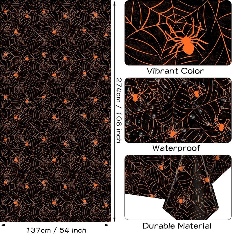 TREWAVE 3 Pack Halloween Spiderweb Tablecloth Rectangular Plastic Spider Web Table Cloth Large Size Table Covers for Home Decor Halloween Party Decorations 54" x 108" (Orange Spider) - Image 3