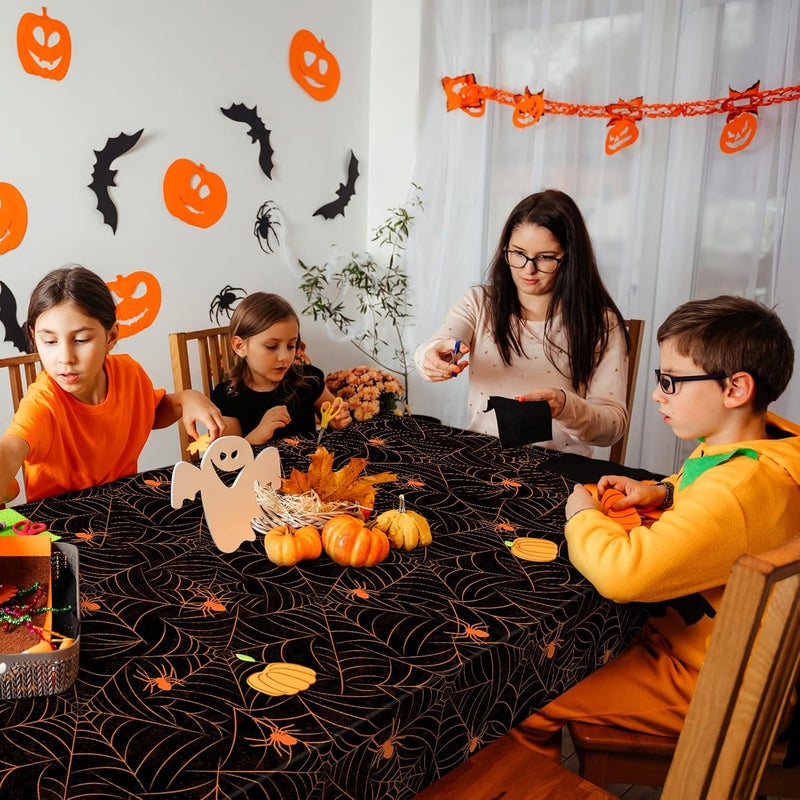 TREWAVE 3 Pack Halloween Spiderweb Tablecloth Rectangular Plastic Spider Web Table Cloth Large Size Table Covers for Home Decor Halloween Party Decorations 54" x 108" (Orange Spider) - Image 5
