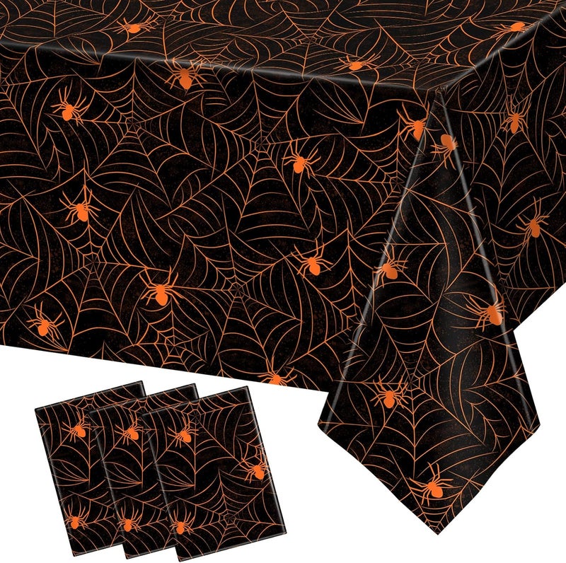 TREWAVE 3 Pack Halloween Spiderweb Tablecloth Rectangular Plastic Spider Web Table Cloth Large Size Table Covers for Home Decor Halloween Party Decorations 54" x 108" (Orange Spider) - Image 1