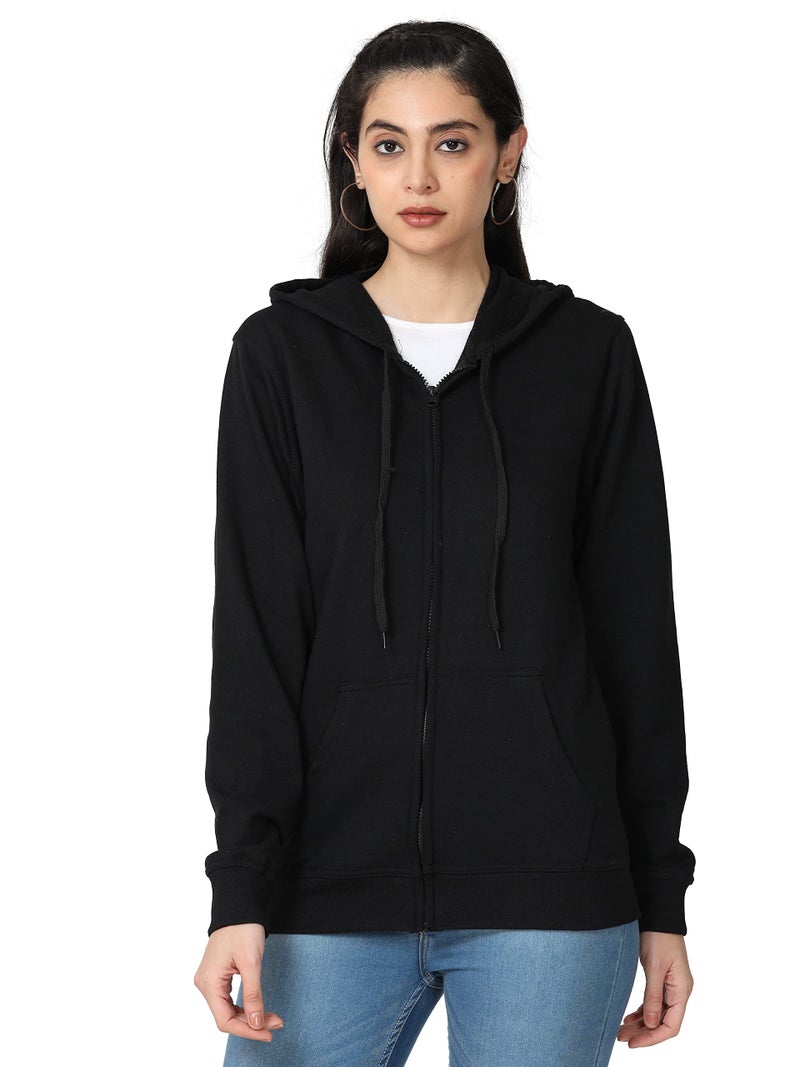 Wafaa Women's Cotton Plain Hooded Neck Full Zipper Black Color Regular Fit Sweatshirt Hoodies with Kangaroo Pocket Large Size - Image 1