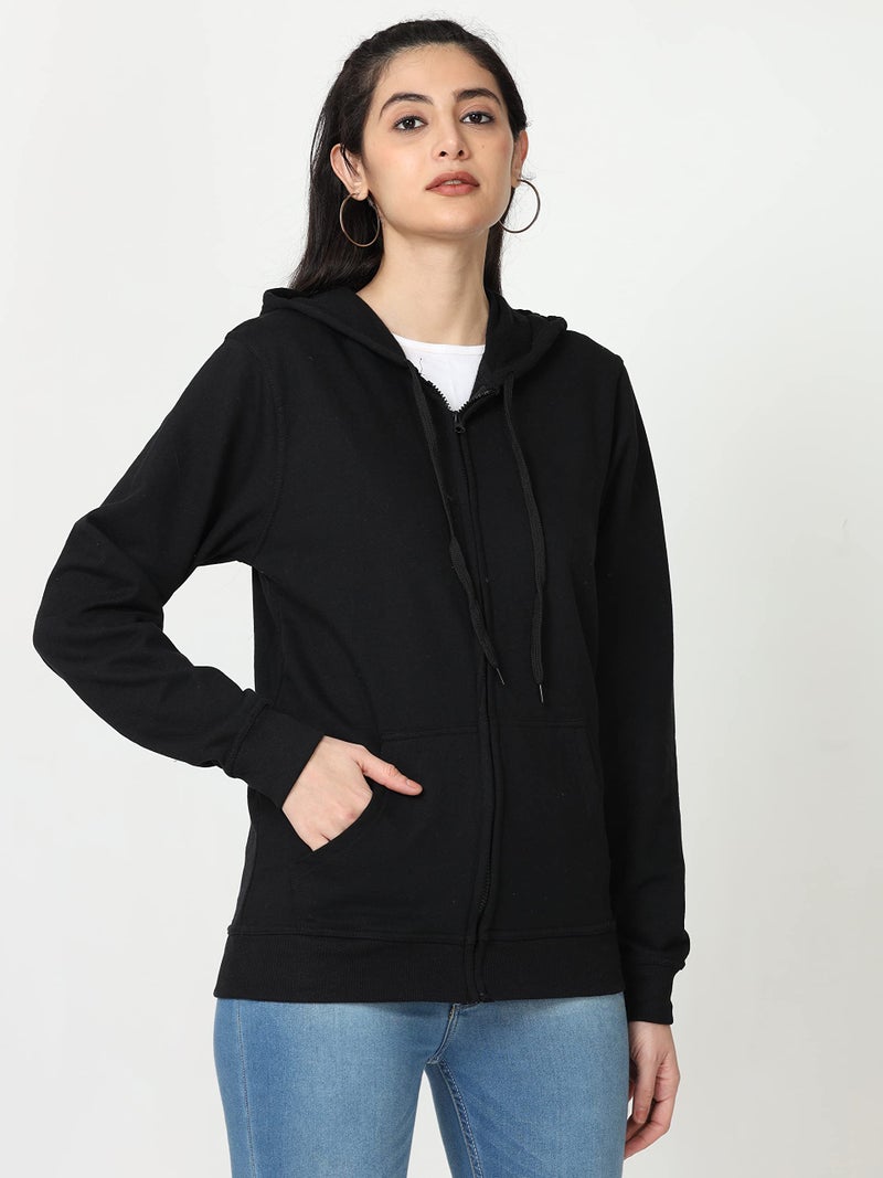 Wafaa Women's Cotton Plain Hooded Neck Full Zipper Black Color Regular Fit Sweatshirt Hoodies with Kangaroo Pocket Large Size - Image 3