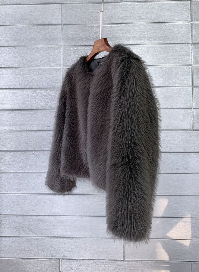 Loquat Women's Solid Color Imitation Fur Short Coat Dark Grey  - Image 2